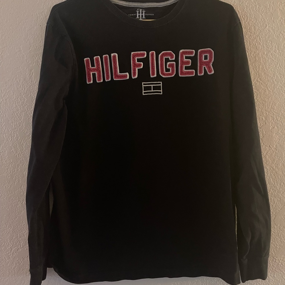 Tommy Hilfiger Black Long Sleeve Tee with Red Logo
